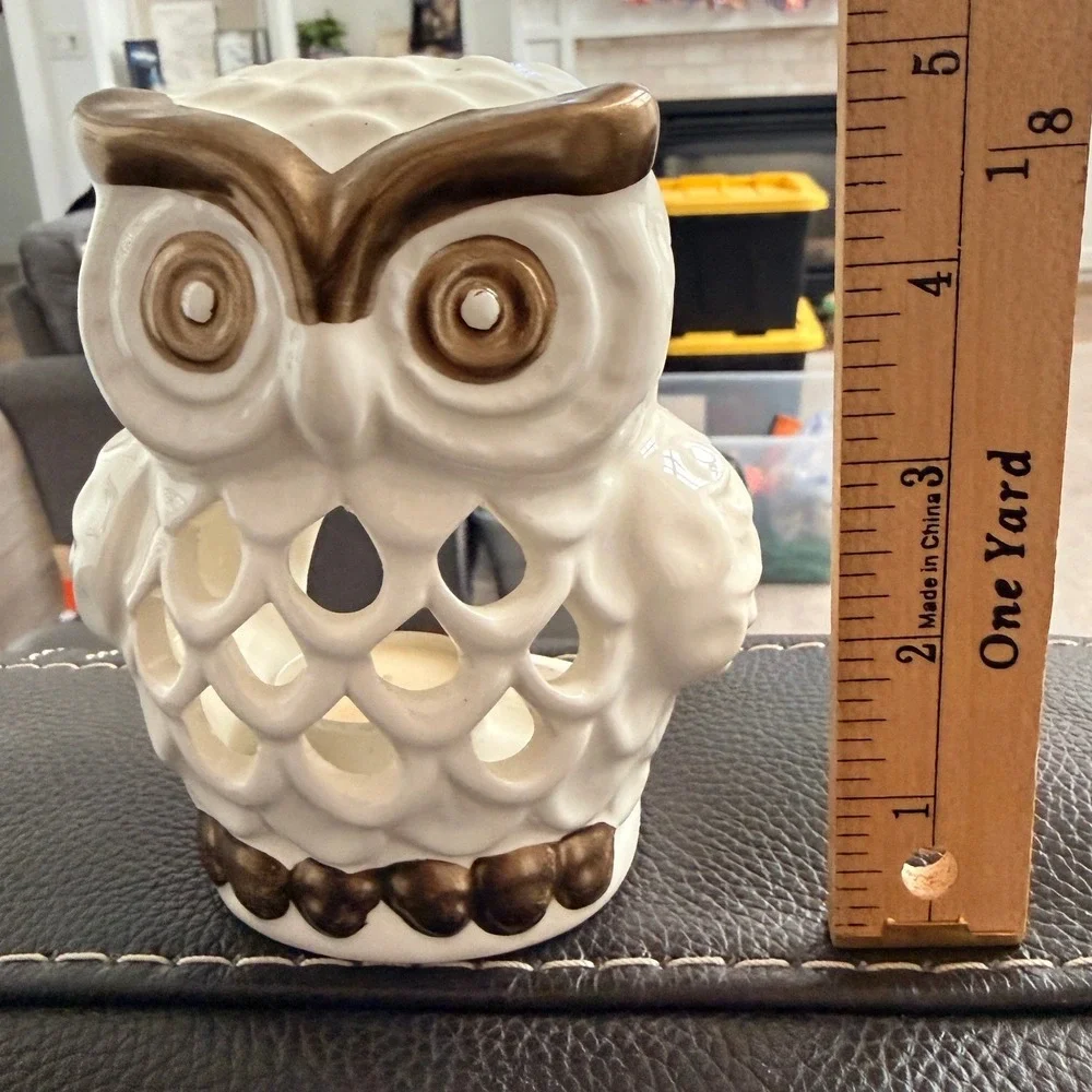 Ceramic Owl Votive Candle Hlder‎ White Bronze Pierced Cutout Decor